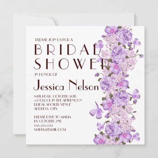 バタフライラベンダーフローラガーデンブライダルシャワー 招待状 (正面)