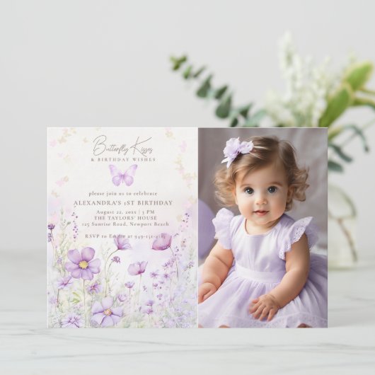 バタフライラベンダーワイルドフラワーフォト1st誕生日 招待状 (スタンド正面)