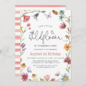バタフライリトルワイルドフラワー1stベビーガール誕生日 招待状 (正面/裏面)