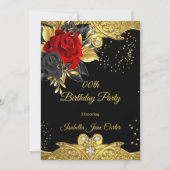 バタフライレッドローズフローラ金ゴールド宝石バースデーパーティー 招待状 (正面)