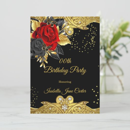 バタフライレッドローズフローラ金ゴールド宝石バースデーパーティー 招待状 (スタンド正面)