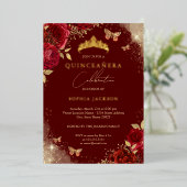 バタフライレッドローズ金ゴールドティアラキンセアニェラ 箔招待状 (立ち正面)