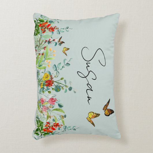 バタフライワイルドフラワーガーデンパーソナライズされたフローラ アクセントクッション (正面(垂直))