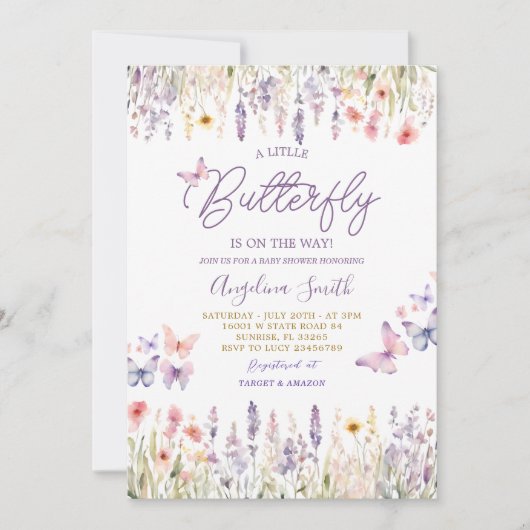 バタフライワイルドフラワーガーデンフローラベビーシャワー 招待状 (正面)