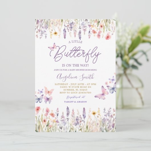 バタフライワイルドフラワーガーデンフローラベビーシャワー 招待状 (スタンド正面)