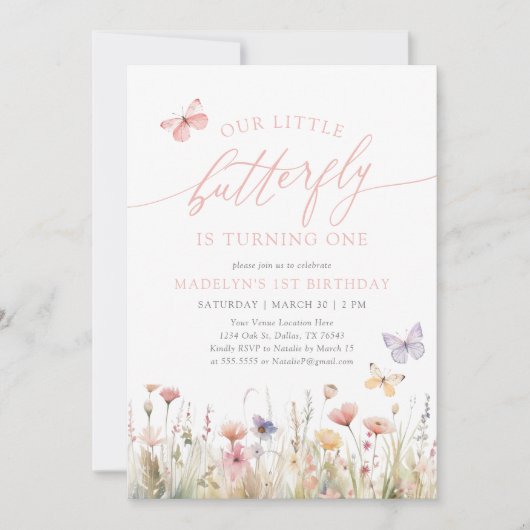 バタフライワイルドフラワーガール1st誕生日 招待状 (正面)