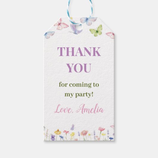 バタフライワイルドフラワーサンキューラベル誕生日パーティー ギフトタグ (正面)
