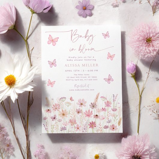 バタフライワイルドフラワーズベビーイン開花ベビーシャワー 招待状