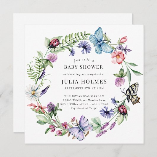 バタフライワイルドフラワーズリースベビーシャワー 招待状 (正面/裏面)