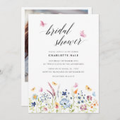 バタフライワイルドフラワーズ赤面ピンクブライダルシャワー 招待状 (正面/裏面)