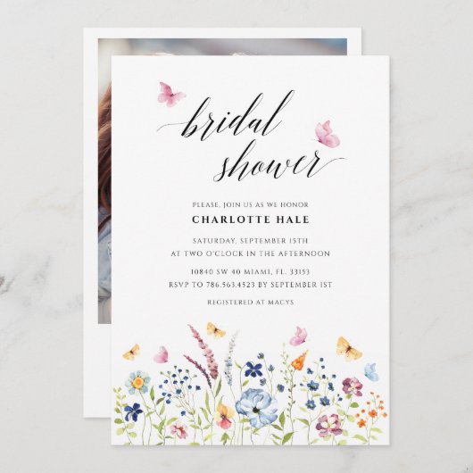 バタフライワイルドフラワーズ赤面ピンクブライダルシャワー 招待状 (正面/裏面)