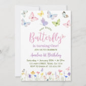 バタフライワイルドフラワーファースト誕生日招待状 招待状 (正面)