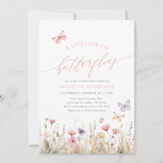 バタフライワイルドフラワーブライダルシャワー 招待状 (正面)