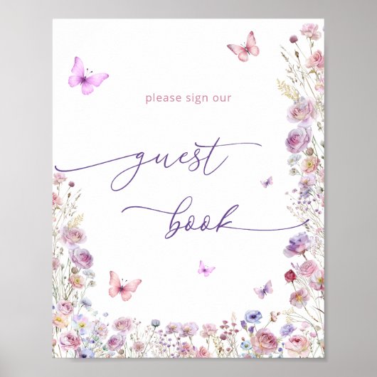 バタフライワイルドフラワーベビーシャワーゲストブックサイン ポスター (正面)