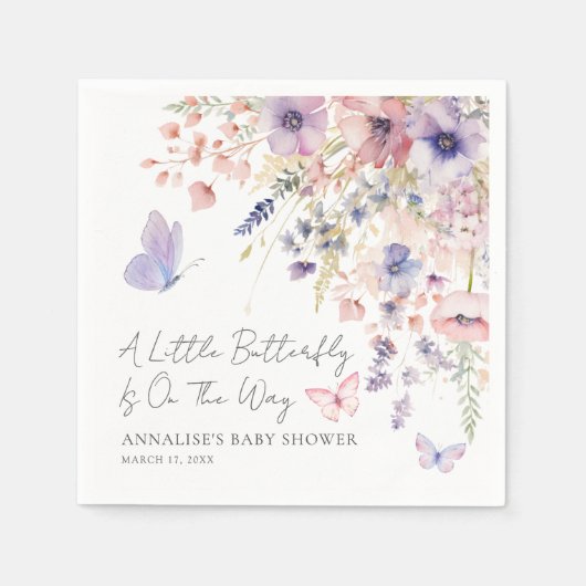 バタフライワイルドフラワーベビーシャワー スタンダードカクテルナプキン (正面)