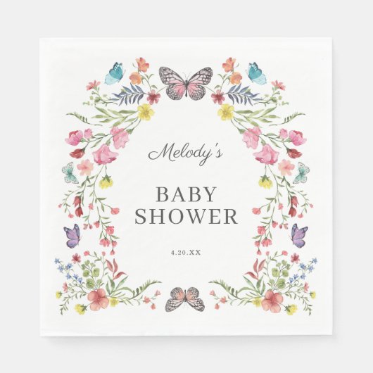 バタフライワイルドフラワーベビーシャワー スタンダードランチョンナプキン (正面)