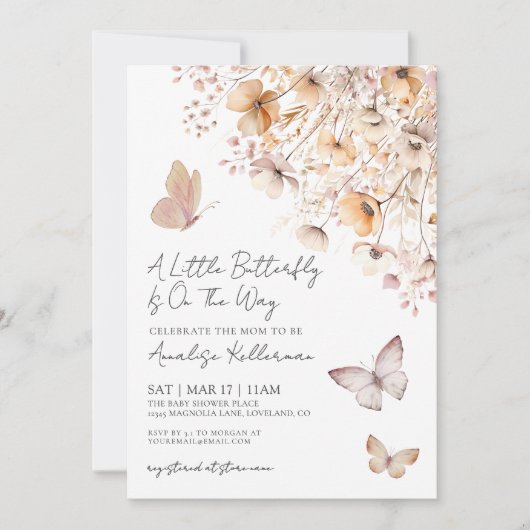 バタフライワイルドフラワーベビーシャワー 招待状 (正面)