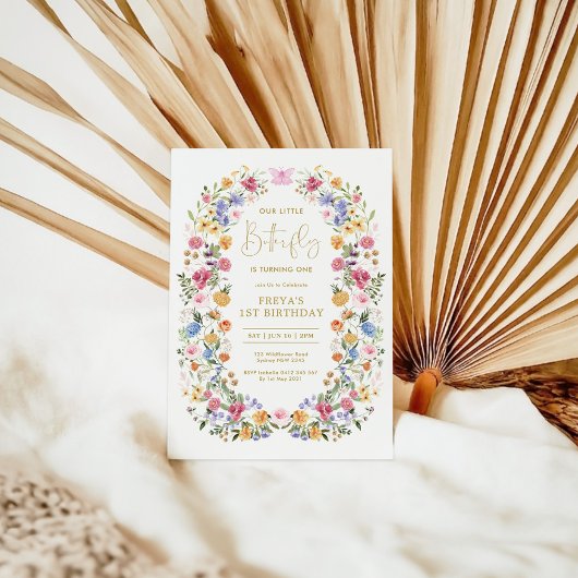 バタフライワイルドフラワーリース第1の誕生日 招待状