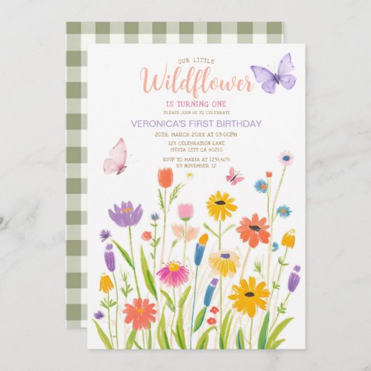 バタフライワイルドフラワー1st誕生日招待状 招待状 (正面/裏面)