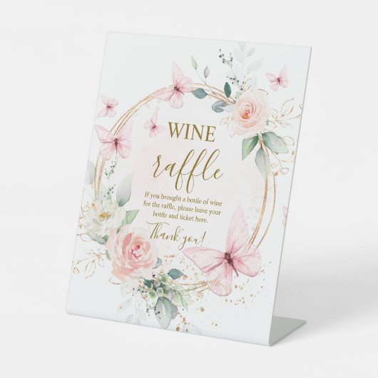 バタフライワインラッフルブライダルシャワー標識 台座サイン (正面)