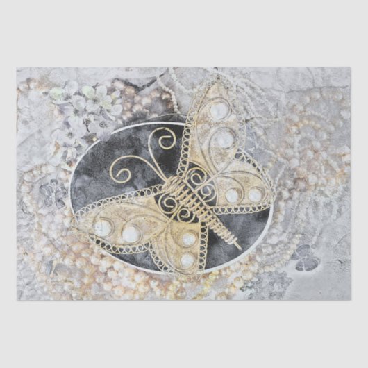 バタフライヴィンテージロマンチック金ゴールドホワイトブラックアート 薄葉紙 (正面)