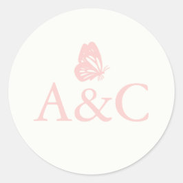 バタフライ付きイニシャル ウェディングアイテム クリームとピンク ラウンドシール