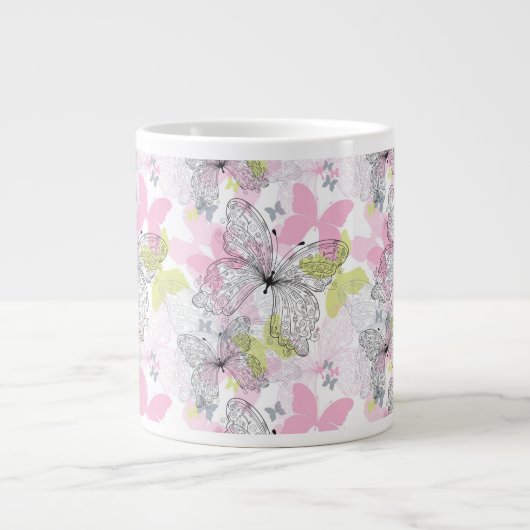 バタフライ付き背景 ジャンボコーヒーマグカップ (正面)