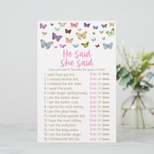 バタフライ彼は彼女はブライダルシャワーゲームを言った 便箋 (スタンド正面)