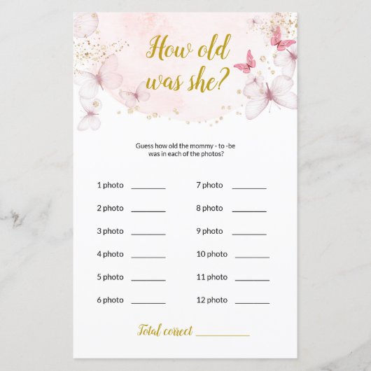 バタフライ彼女は何歳だった？赤ちゃんシャワーゲーム (正面)