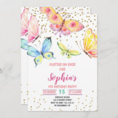 バタフライ春サマーガール誕生日招待状 招待状 (正面/裏面)