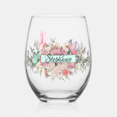 バタフライ植物学パーソナライズされたのエレガント花 ステムなしワイングラス (正面)