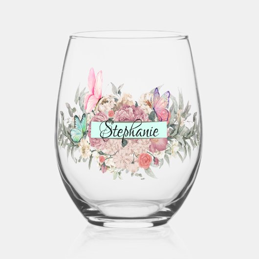 バタフライ植物学パーソナライズされたのエレガント花 ステムなしワイングラス (正面)