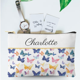 バタフライ水色パタカラフルーン名前をカスタムする アクセサリーポーチ