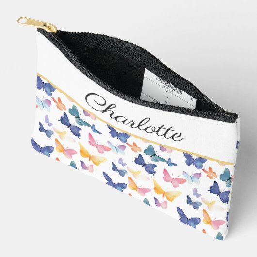 バタフライ水色パタカラフルーン名前をカスタムする アクセサリーポーチ (見開き)