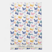 バタフライ水色パタカラフルーン名前をカスタムする キッチンタオル (縦)