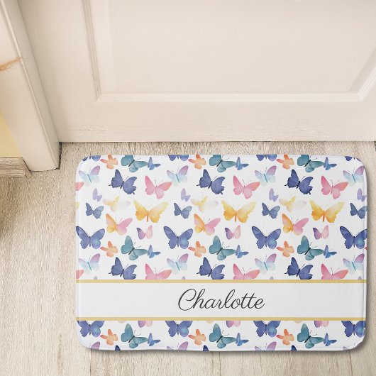 バタフライ水色パタカラフルーン名前をカスタムする バスマット