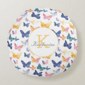バタフライ水色パタカラフルーン名前をカスタムする ラウンドクッション (正面)