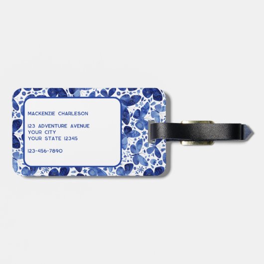 バタフライ水色ブルーパーソナライズされた ラゲッジタグ (裏面横)