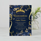 バタフライ王室のネイビーフラワー金ゴールドキンセアニェラ 箔招待状 (立ち正面)