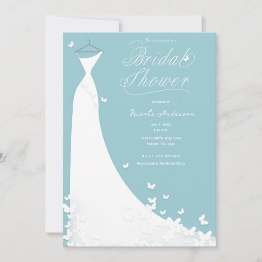 バタフライ結婚ズドレスターコイズブライダルシャワー 招待状 (正面)