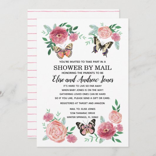 バタフライ花模様が長距離メールでシャワー 招待状 (正面/裏面)