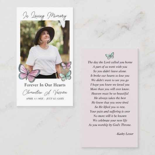 バタフライ葬儀記念祈りの言葉フォトカード 名刺 (正面/裏面)