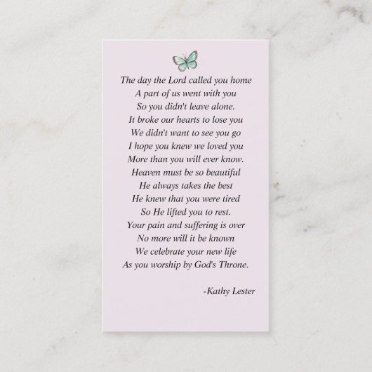 バタフライ葬儀記念祈りの言葉フォトカード 名刺 (裏面)