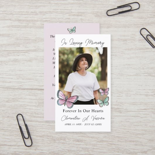 バタフライ葬儀記念祈りの言葉フォトカード 名刺 (正面/裏面インサイチュ)