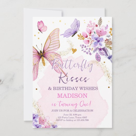 バタフライ誕生日キスパープルフローラピンクガール 招待状 (正面)