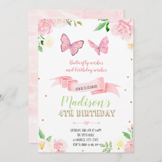 バタフライ誕生日パーティーの招待 招待状 (正面/裏面)