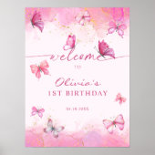 バタフライ誕生日ピンク&金ゴールドダストウェルカム ポスター (正面)