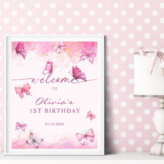 バタフライ誕生日ピンク&金ゴールドダストウェルカム ポスター