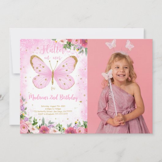 バタフライ誕生日フォト招待状 招待状 (正面)