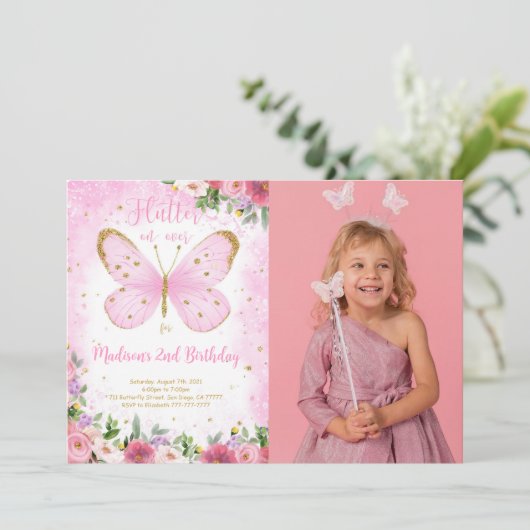 バタフライ誕生日フォト招待状 招待状 (スタンド正面)